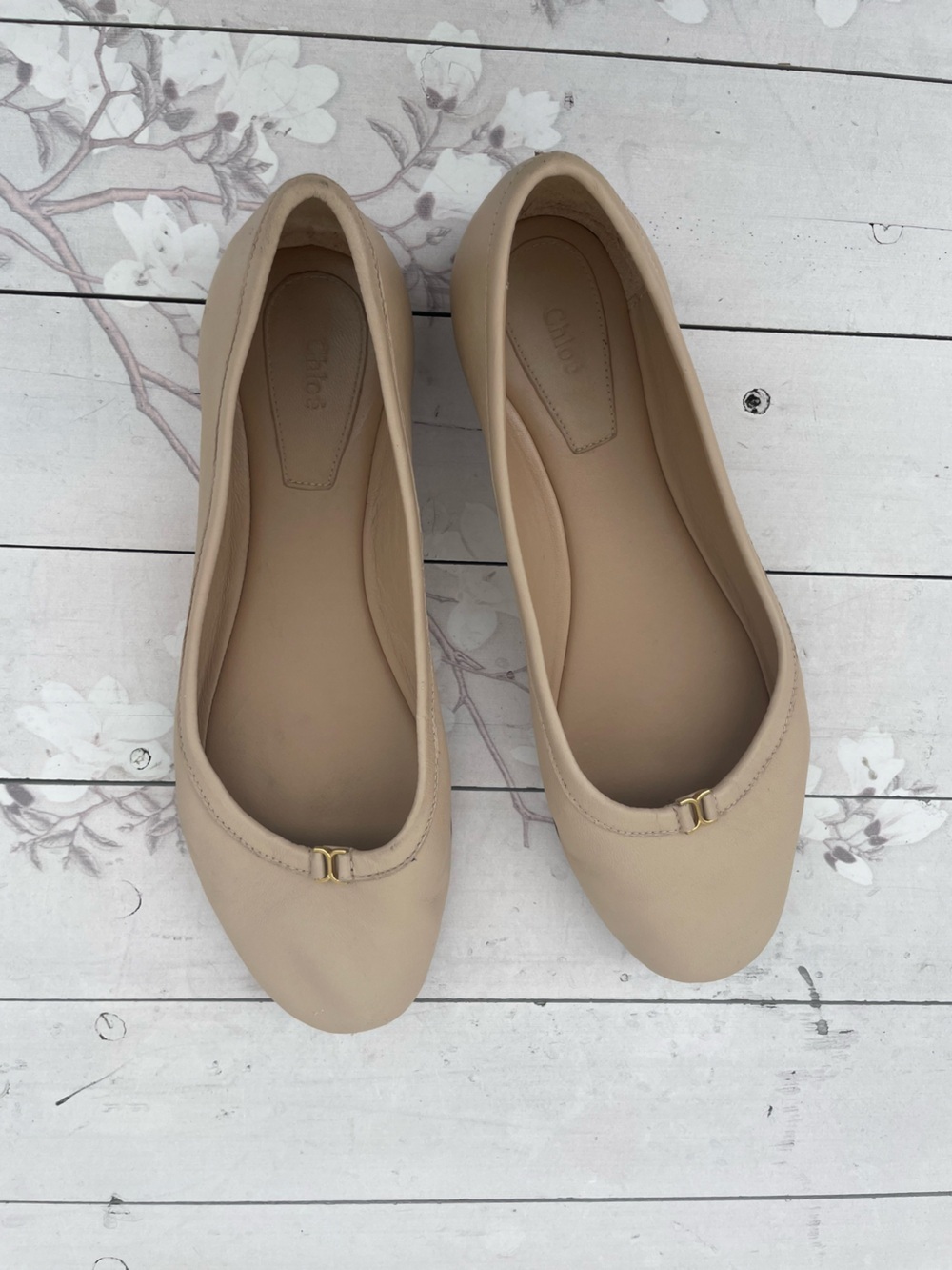 Chloe Nude Beige Leather Ballet Flats with Gold Accent